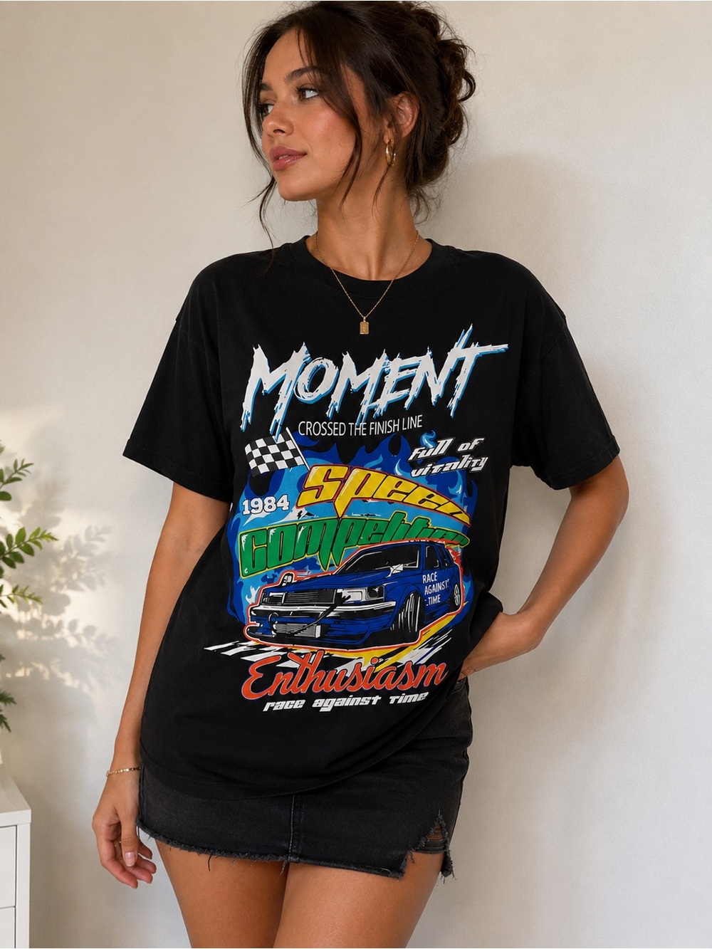 & Other Stories Black Graphic Racing Tee with Blue and Green Accents